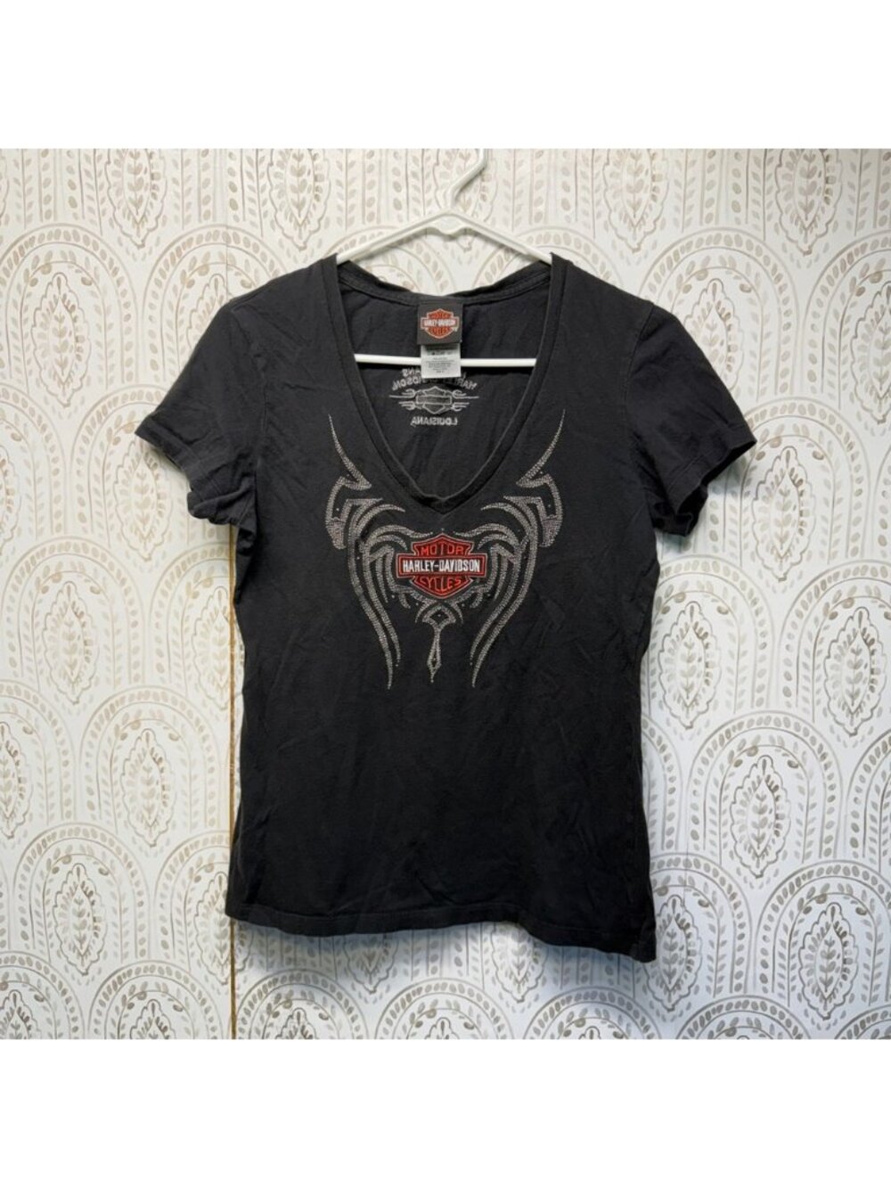 Harley‎ Davidson T-Shirt Womens Medium Black New Orleans V-Neck Graphic Tee